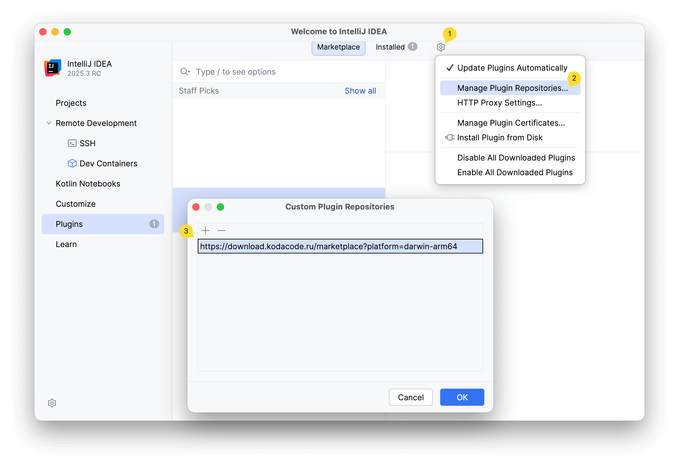 Окно настройки репозиториев плагинов в IntelliJ IDEA: шестеренка, Manage Plugin Repositories и URL